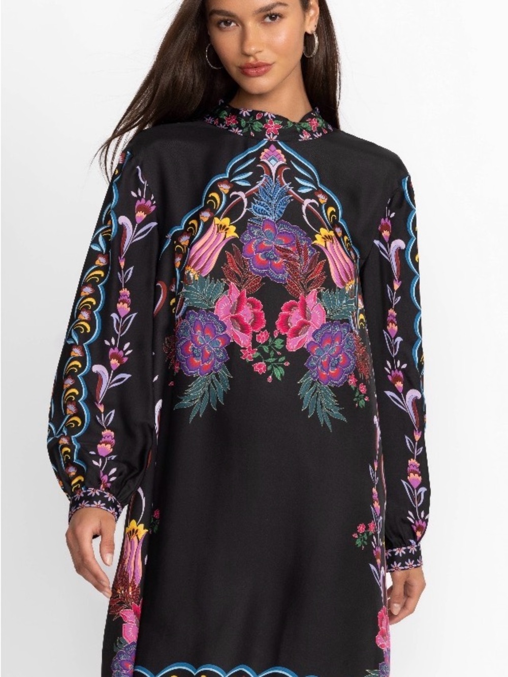 Jade Black Long-Sleeve Dress with Pink & Blue Floral Embroidery